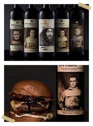 19 Crimes Collage bestehend aus 19 Crimes Weinflaschen und einem 19 Crimes Burger