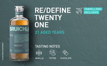 Promotional poster for "Bruichladdich Redefine Twenty One," a 21-year-old whisky. The bottle is clear with a gray label. Tasting notes include "Vanilla," "Toffee," and "Chocolate." The poster mentions "Travellers' Exclusive" and advises to "Please drink r