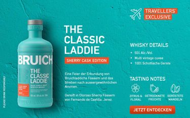 THE CLASSIC LADDIE Sherry Cask Edition feiert außergewöhnliche Aromen. Gereift in Oloroso Sherry Fässern, hat der Whisky 50% Alkoholgehalt und besteht aus 100% schottischer Gerste. Verkostungsnotizen: Zitrus & floral, getrocknete Früchte, geröstete Mandel