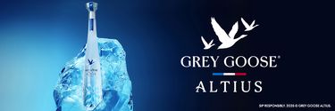 Grey Goose Altius vodka bottle in an ice block with logo and text, blue background, French tricolor, and note: "SIP RESPONSIBLY"