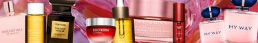 Promotional banner featuring a selection of perfumes and care products