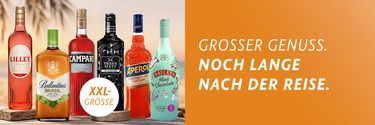 Werbung für Spirituosen: Lillet, Ballantine’s Brasil, Campari, Three Sixty, Aperol und Baileys Mint Chocolate in XXL-Flaschen vor sommerlichem Hintergrund mit dem Slogan „GROSSER GENUSS. NOCH LANGE NACH DER REISE.“