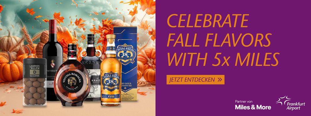 Werbebanner mit herbstlichem Hintergrund, Kürbissen und Blättern. Abgebildet sind Chivas Regal Whisky, Vecchia Romagna Brandy, Kraken Rum, Chianti Classico Wein und Lakrids by Bülow Lakritz. Text: 'Celebrate Fall Flavors with 5x Miles'. 