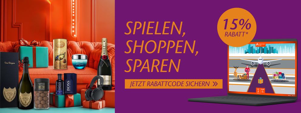 Werbebanner mit weihnachtlichem Hintergrund. Abgebildet sind Dom Pérignon Champagner, Moet Champagner, Hugo Boss Parfum, Lindt Schokolade und Lakrids by Bülow Lakritz. Text: 'Spielen, Shoppen, Sparen. Jetzt 15% Rabattcode sichern'. 