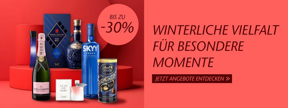 Die Grafik bewirbt eine Auswahl luxuriöser Produkte wie Champagner, Whisky, Parfum und Schokolade, die ideal für besondere Wintermomente sind. Mit einem Rabatt von bis zu 30 % lädt sie dazu ein, die Angebote zu entdecken.