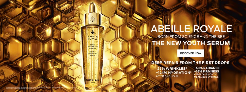  The image is an advertisement for Guerlain's Abeille Royale line featuring a serum.