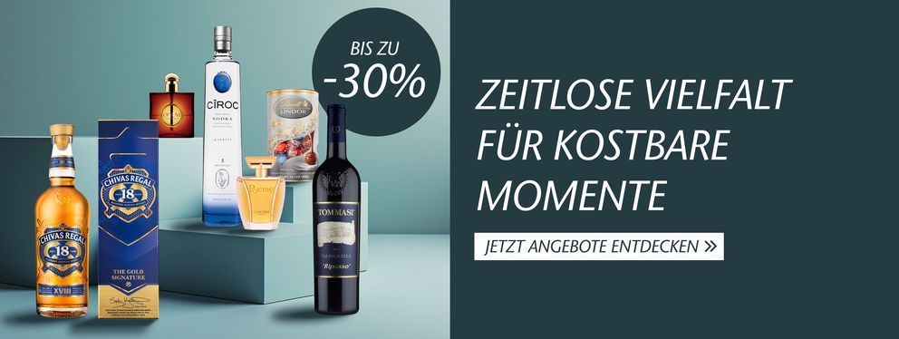 Die Grafik bewirbt eine Auswahl Produkte wie Champagner, Whisky, Parfum und Schokolade, die ideal für besondere Momente sind. Mit einem Rabatt von bis zu 30 % lädt sie dazu ein, die Angebote zu entdecken.