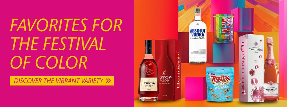 The advertisement showcases a selection of products such as champagne, wodka and sweets, perfect for special moments. With discounts of up to 30%, it invites customers to explore the offers.