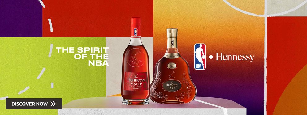 Hennessy V.S.O.P and X.O bottles with NBA branding and colorful basketball-themed background.