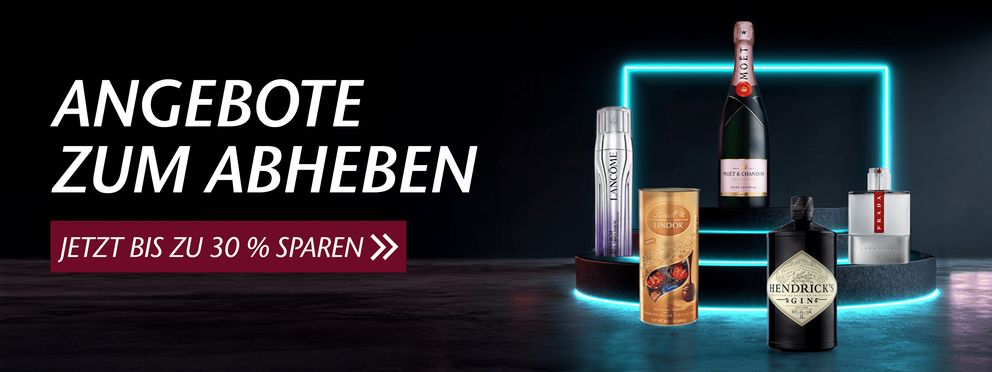 Werbeangebot „ANGEBOTE ZUM ABHEBEN“ auf schwarzem Hintergrund mit blauem Neonrahmen, Banner „JETZT BIS ZU 30 % SPAREN“, fünf Produkte (Lancome, Lindt, Moët, Hendrick’s Gin, Prada) auf Stufen.