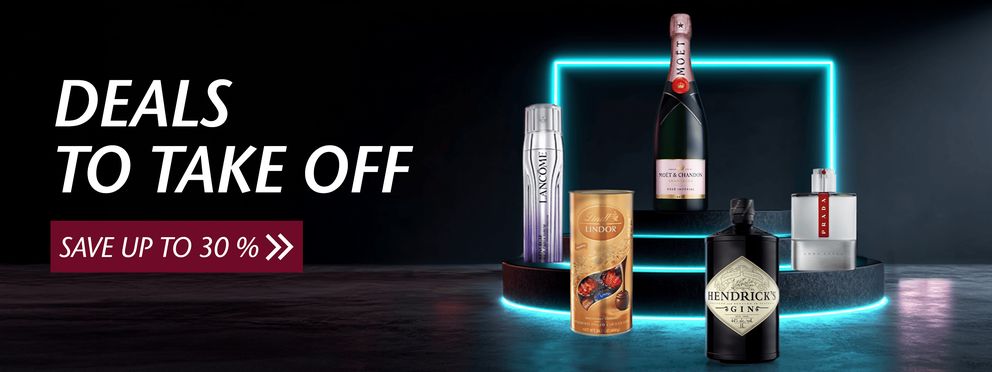 Promotional offer "DEALS TO TAKE OFF" on a black background with a blue neon frame, banner "Save up to 30%", five products (Lancome, Lindt, Moët, Hendrick’s Gin, Prada) displayed on steps.