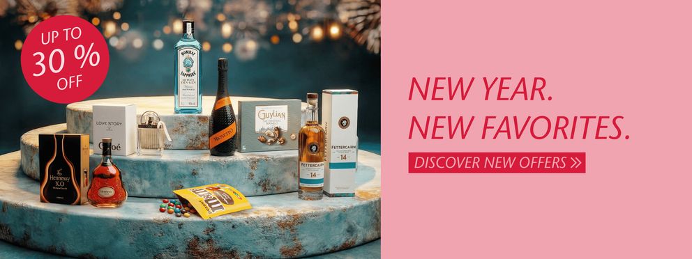Festive promotional image with spirits, chocolates, perfume, and M&M’s on podiums; red text: ‘New Year. New Favorites. Up to 30% off.’ Airport New Year deals.