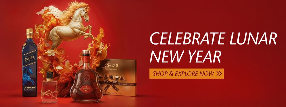 Luxury Lunar New Year promotional banner featuring premium gifts including Johnnie Walker Blue Label whisky, Hennessy XO cognac, a luxury perfume bottle, and Lindt Swiss Masterpieces chocolates, set against a red background with a golden horse and festive