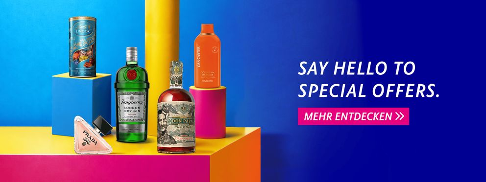 Werbebanner mit Special Offer Produkten: Lindt Lindor Schokolade, Tanqueray Gin, Don Papa Baroko Rum, Lancaster Golden Tan Maximizer und Prada Milano Parfum, vor modernem blauem Hintergrund mit Text "Say Hello to Special Offers" und Button "Mehr entdecken