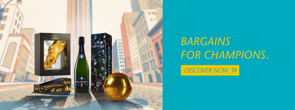 Golden football, champagne bottle, and golden football boot displayed in front of a cityscape with the slogan “Bargains for Champions.”