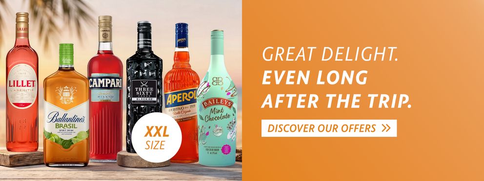 Advertisement for spirits: Lillet, Ballantine’s Brasil, Campari, Three Sixty, Aperol, and Baileys Mint Chocolate in XXL bottles against a summery backdrop, with the slogan “GREAT DELIGHT. EVEN LONG AFTER THE TRIP.”