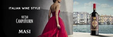 Masi - Italian wine style: The image shows a young woman in red dress , walking along a wall in an Italian city. She moves towards a bottle of Masi Nectar Campofiorin, which stands on the shore. In the background is a canal, on the opposite side of which 