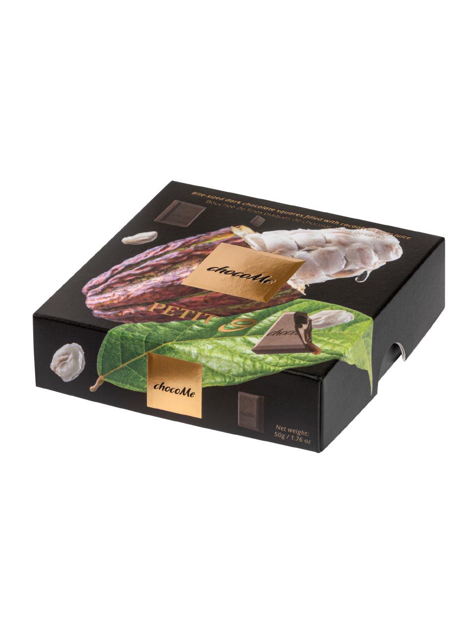 Petit 9 Bitesized dark chocolate squares filled with cocoa