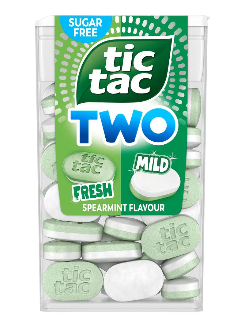 Tic Tac TWO zuckerfreie Minzbonbons mit einem milden und frischen Spearmint-Geschmack, mit Süßungsmitteln