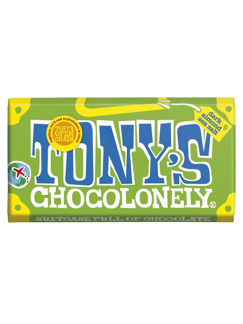 Tony's Chocolonely Fairtrade dunkle Schokolade mit mindestens 51% Kakaofeststoffen sowie Mandeln und Meersalz. Hergestellt in Belgien. 240g
