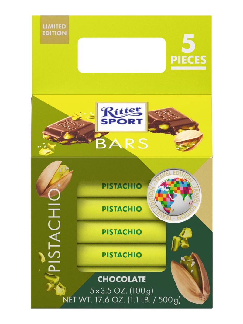 Ritter Sport Pistachio Turm Milchschokoladentafel mit gerösteten und gesalzenen Pistazienstücken