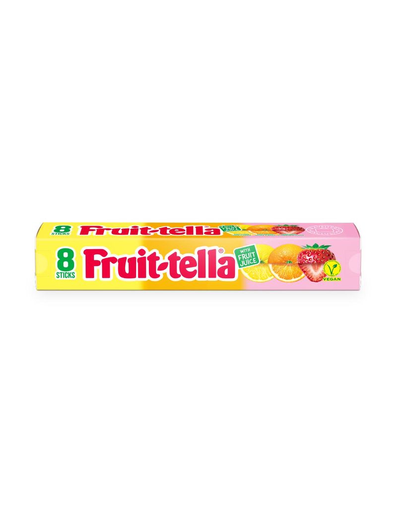 Fruittella-Jumbostick Sommerfrüchte vegan in der Geschmacksrichtung Orange, Erdbeere und Zitrone.