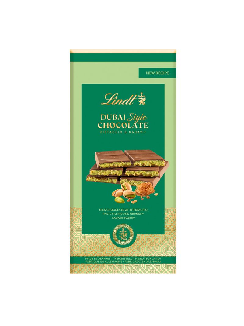 Lindt Dubai Style Vollmilchschokoladentafel gefüllt mit Pistazienmark, Pistazien- und Mandelkrokant und Kadayif