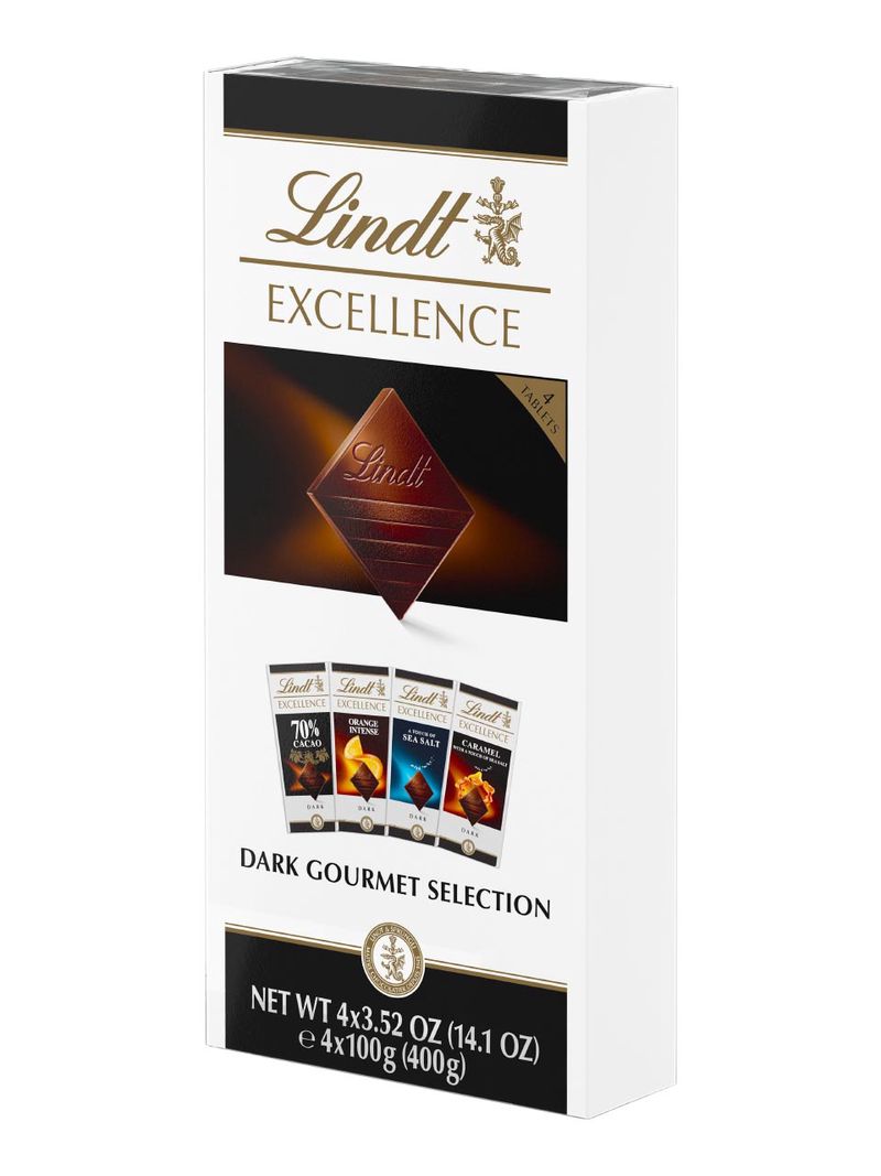 Lindt EXCELLENCE Multipack 4x100g Tafeln: dunkle Schokolade, dunkle Schokolade mit Meersalz, dunkle Schokolade mit Caramel Meersalz, dunkle Schokolade mit Orangen