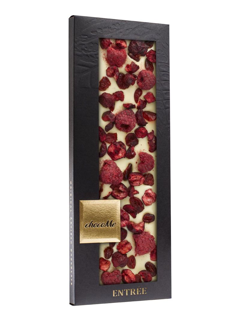 chocoMe Entrée - weisse Schokolade, Preiselbeeren, gefriergetrocknete Sauerkirsche, gefriergetrocknete Himbeere