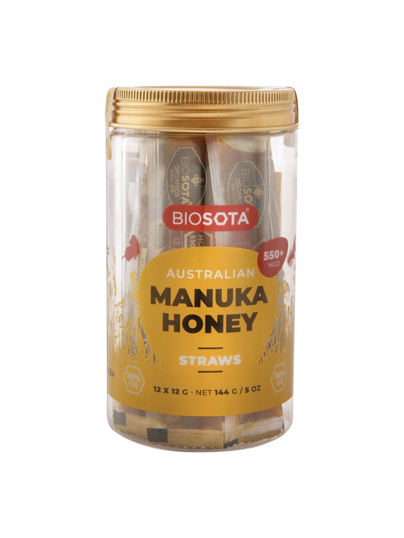 Biosota Australischer Manuka-Honig MGO 550+ in 12 praktischen Portionssticks. Honig für unterwegs.