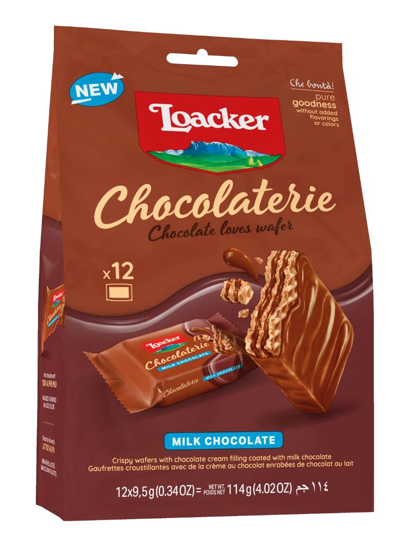 Loacker + Knusprige Waffeln mit Schokoladencreme, überzogen mit Vollmilchschokolade + 114g (12x9,5g)