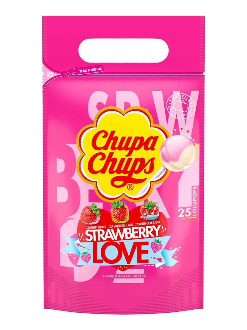 Chupa Chups Lollis mit den Geschmacksrichtungen: Erdbeere, Erdbeer-Sahne und saure Erdbeere.