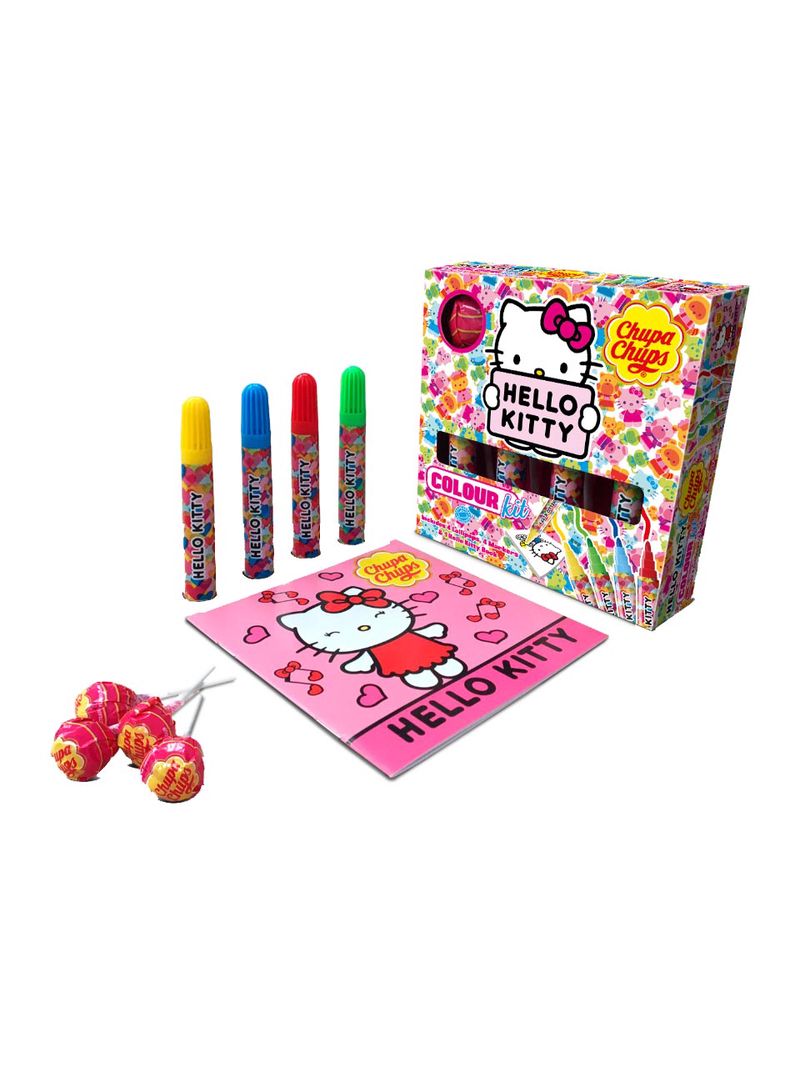 Chupa Chups Set mit 4 Erdbeer-Lollies, 4 Filzstiften und 1 Malbuch - Hello Kitty