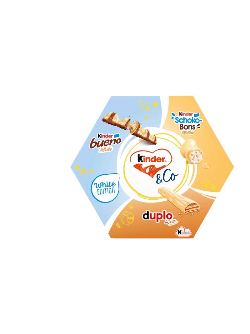 Kinder Weißschokoladenmischung mit Kinder Bueno White, Kinder Schoko-Bons White und Duplo White