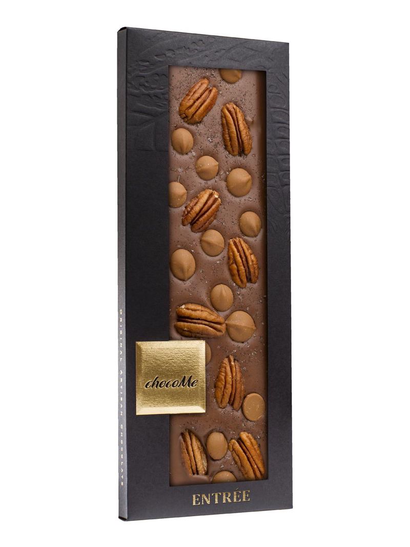 chocoMe Entrée - 41% Milchschokolade, Meersalz mit Tahiti-Vanille, Pecannüsse, Schokoladepastillen mit Karamellgeschmack