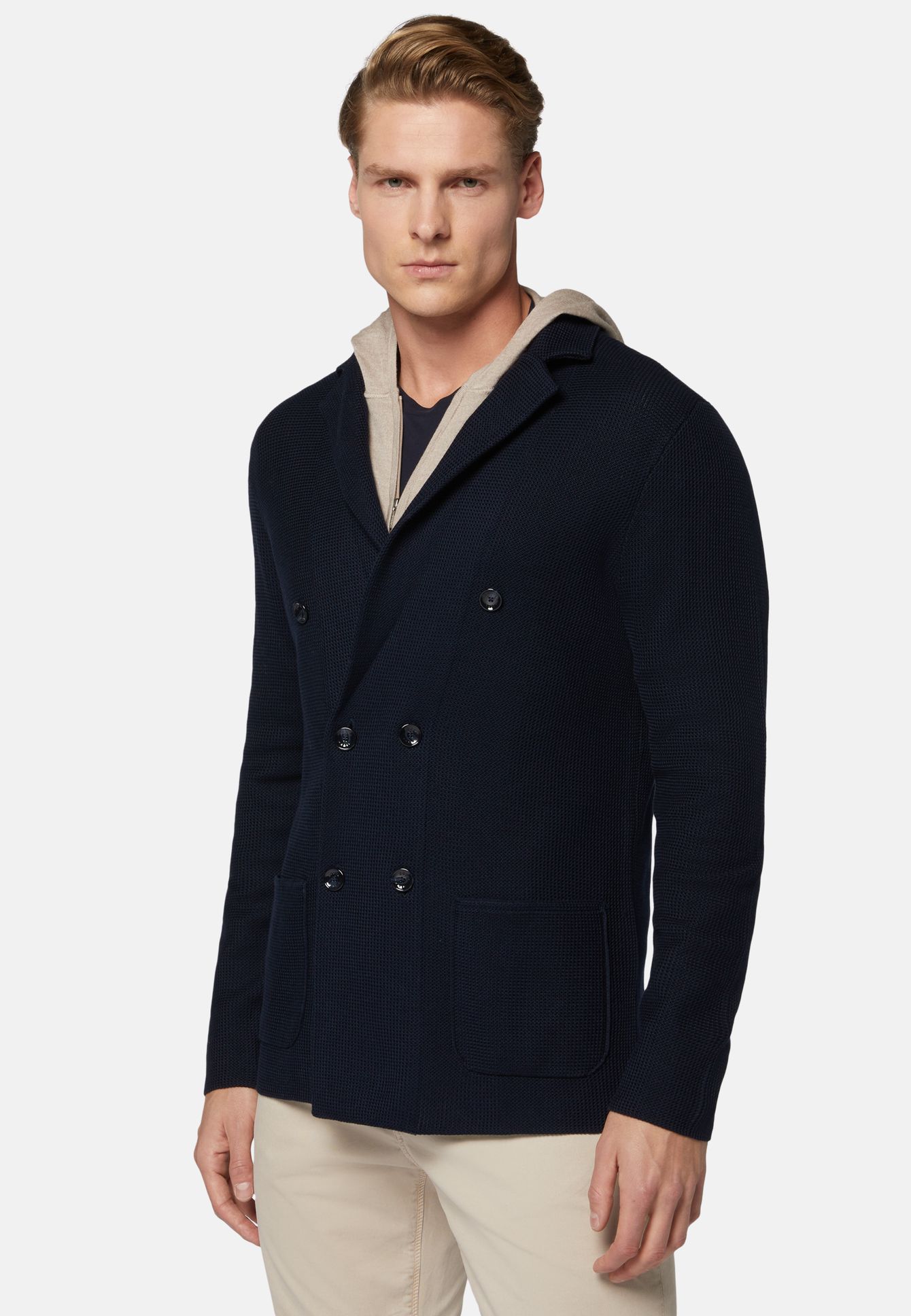 Navy Cotton Crepe Knit Double-Breasted Jacket | Frankfurt Airport ...