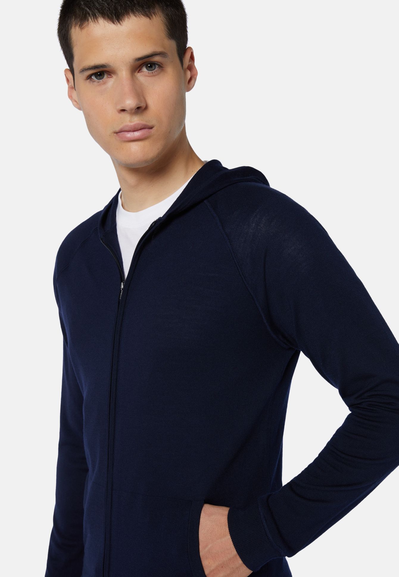 Navy Full Zip Hooded Jumper in Superfine Merino Wool | Frankfurt ...